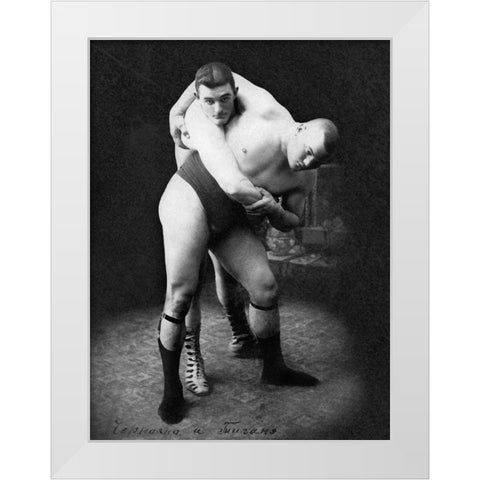 Hip Throw: Russian Wrestlers White Modern Wood Framed Art Print by Vintage Wrestler