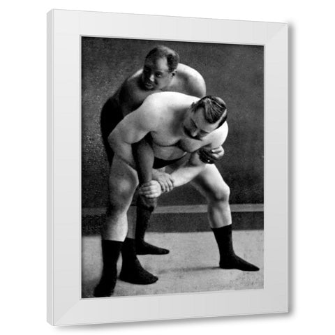 Wrist Lock: Russian Wrestlers White Modern Wood Framed Art Print by Vintage Wrestler