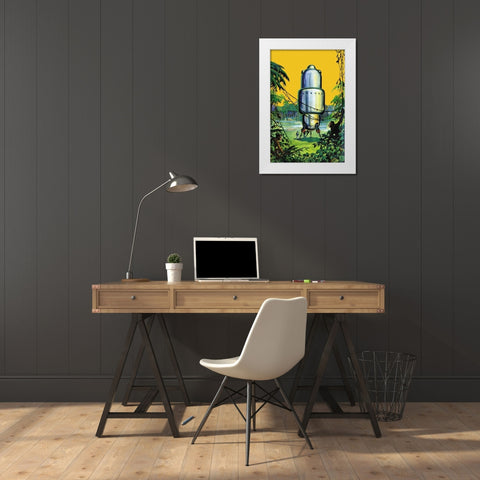 Spaceship in the Jungle White Modern Wood Framed Art Print by Retrosci-fi
