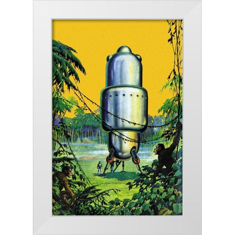 Spaceship in the Jungle White Modern Wood Framed Art Print by Retrosci-fi