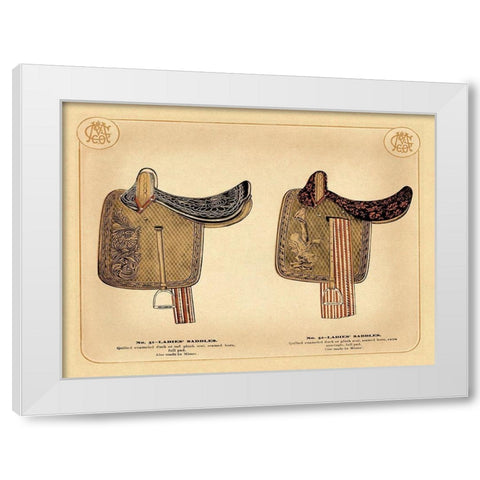Saddles and Tack: Ladies Saddles #1 White Modern Wood Framed Art Print by Unknown