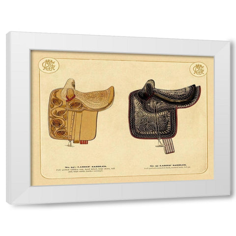 Saddles and Tack: Ladies Saddles #3 White Modern Wood Framed Art Print by Unknown