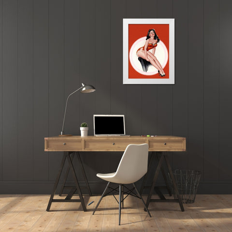 Mid-Century Pin-Ups - Eyeful Magazine - Brunette in a Red Bathing suit White Modern Wood Framed Art Print by Driben, Peter