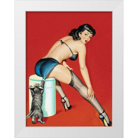 Mid-Century Pin-Ups - Flirt Magazine - Playful Pussy White Modern Wood Framed Art Print by Driben, Peter