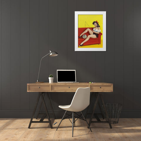 Mid-Century Pin-Ups - Joker Magazine - Fishin n funny White Modern Wood Framed Art Print by Driben, Peter