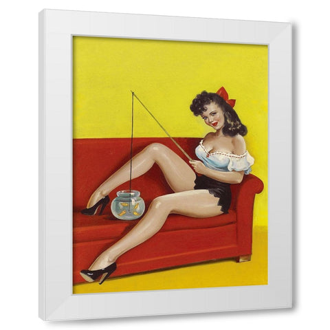Mid-Century Pin-Ups - Joker Magazine - Fishin n funny White Modern Wood Framed Art Print by Driben, Peter