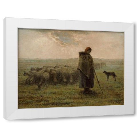 Shepherdess and Her Flock White Modern Wood Framed Art Print by Millet, Jean-Francois
