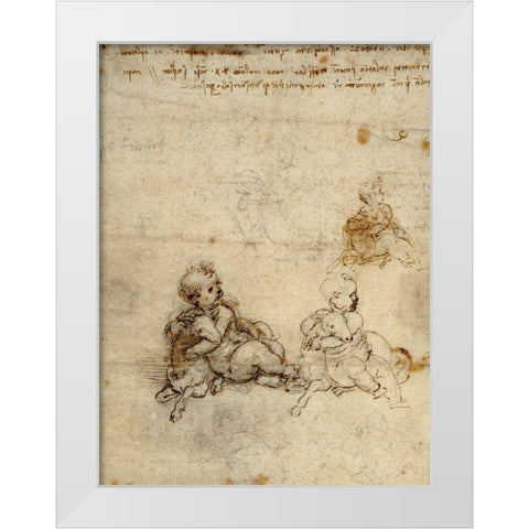 Studies for the Christ Child with a Lamb (recto) White Modern Wood Framed Art Print by da Vinci, Leonardo