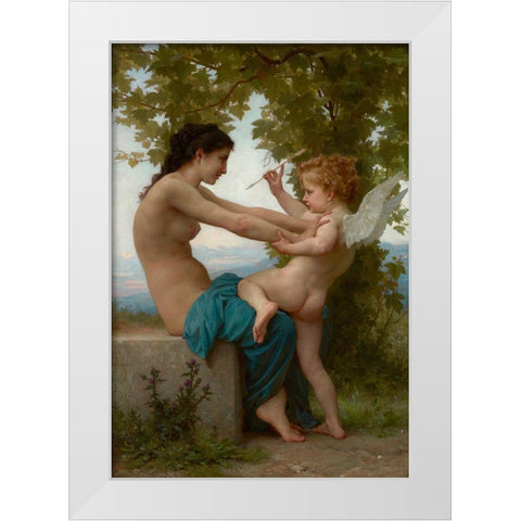 A Young Girl Defending Herself against Eros White Modern Wood Framed Art Print by Bouguereau, William-Adolphe