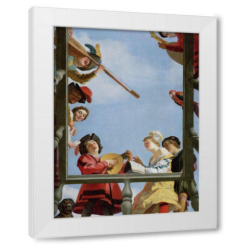 Musical Group on a Balcony White Modern Wood Framed Art Print by van Honthorst, Gerrit