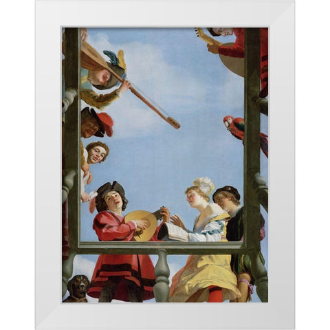 Musical Group on a Balcony White Modern Wood Framed Art Print by van Honthorst, Gerrit