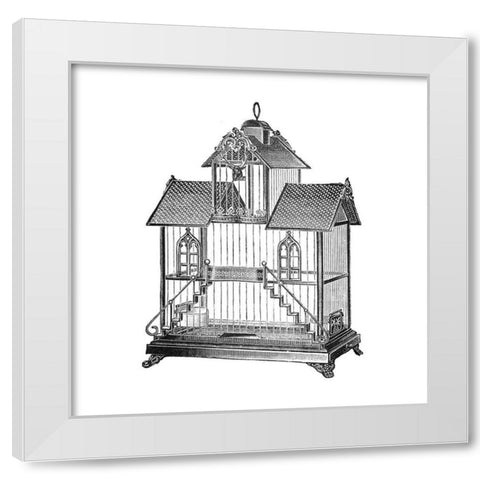 Etchings: Birdcage - Victorian house with steps. White Modern Wood Framed Art Print by Catalog Illustration