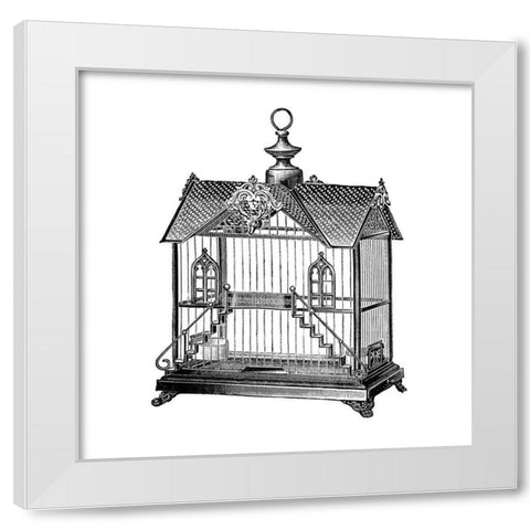 Etchings: Birdcage - Victorian house with steps. White Modern Wood Framed Art Print by Catalog Illustration