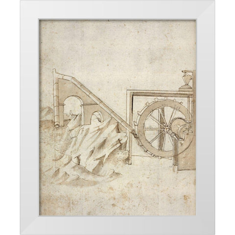 Folio 13: mill powered by water from siphon White Modern Wood Framed Art Print by Martini, Francesco di Giorgio
