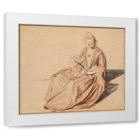 Seated Woman with a Fan White Modern Wood Framed Art Print by Watteau, Jean-Antoine