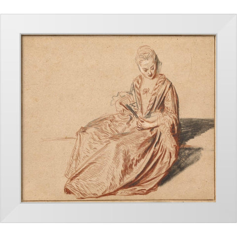 Seated Woman with a Fan White Modern Wood Framed Art Print by Watteau, Jean-Antoine
