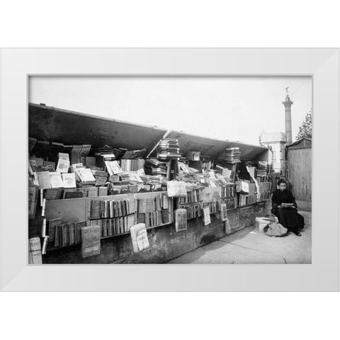 Paris, 1910-1911 - Secondhand Book Dealer, place de la Bastille bouquiniste White Modern Wood Framed Art Print by Atget, Eugene