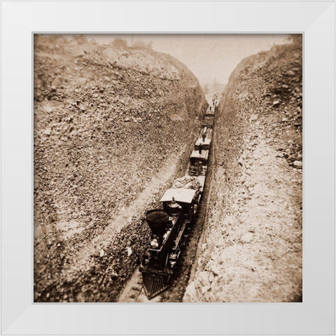 Bloomer Cut near Auburn, California, 800 feet long and 63 feet high, 1866-1869 White Modern Wood Framed Art Print by Hart, Alfred A.