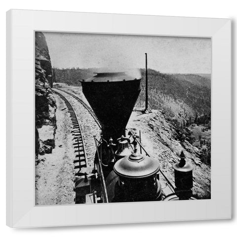 Rounding Cape Horn. Road to Iowa Hill from the river, in the distance. Black and white. White Modern Wood Framed Art Print by Hart, Alfred A.