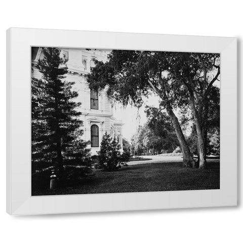 Thurlow Lodge - Lawn and House. From Barron Cluster. Black and white. White Modern Wood Framed Art Print by Watkins, Carleton