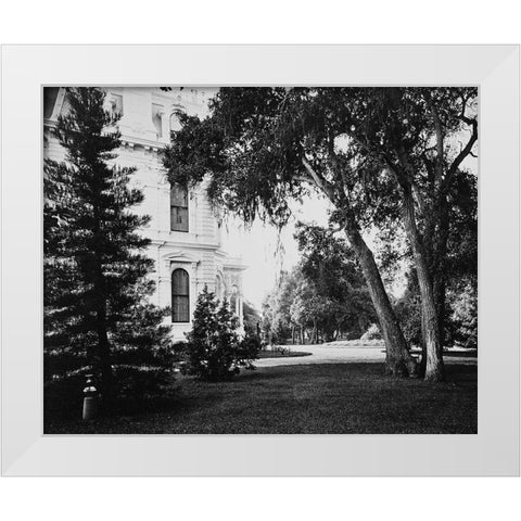 Thurlow Lodge - Lawn and House. From Barron Cluster. Black and white. White Modern Wood Framed Art Print by Watkins, Carleton