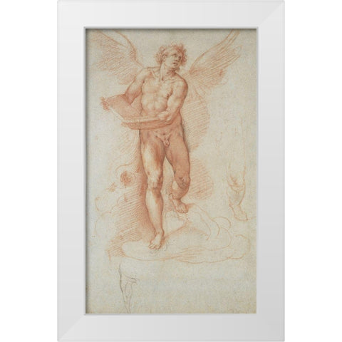 An Angel Holding a Book (recto); Three Studies of a Falling Male Figure (verso) White Modern Wood Framed Art Print by Roncalli, Cristoforo