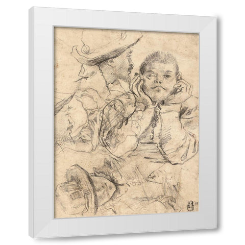 Four Studies of Heads Drawn over a Copy of Saint John the Evangelist by Correggio (recto); Three Stu White Modern Wood Framed Art Print by Carracci, Annibale or Lodovico