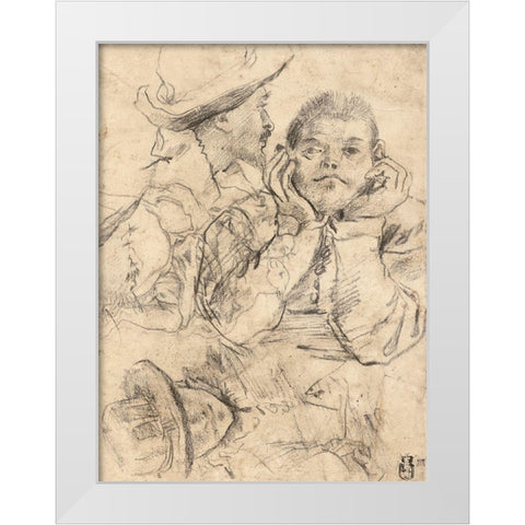 Four Studies of Heads Drawn over a Copy of Saint John the Evangelist by Correggio (recto); Three Stu White Modern Wood Framed Art Print by Carracci, Annibale or Lodovico