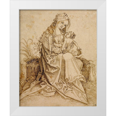 The Virgin and Child on a Grassy Bench White Modern Wood Framed Art Print by Unknown