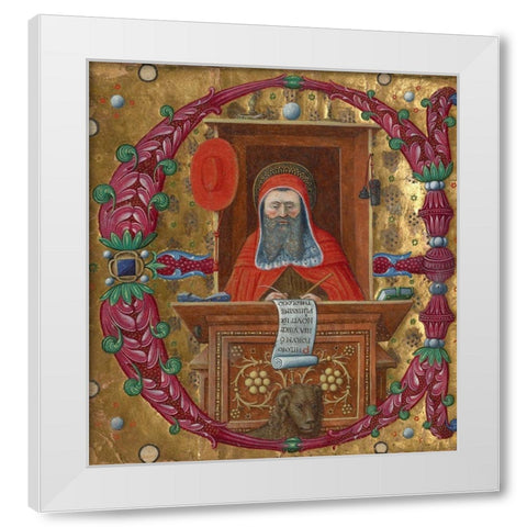 Initial E:  Saint Jerome in His Study White Modern Wood Framed Art Print by Unknown 15th Century Italian Illuminator
