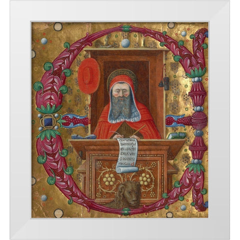 Initial E:  Saint Jerome in His Study White Modern Wood Framed Art Print by Unknown 15th Century Italian Illuminator