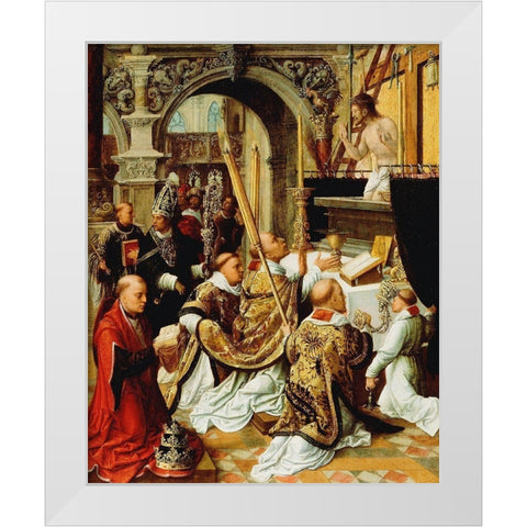 The Mass of Saint Gregory the Great White Modern Wood Framed Art Print by Adriaen, Ysenbrandt,