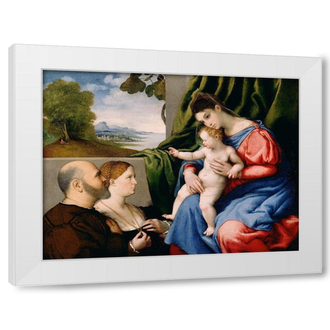 Madonna and Child with Two Donors White Modern Wood Framed Art Print by Lotto, Lorenzo