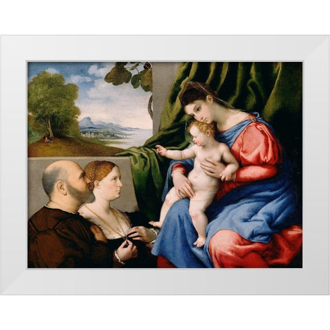 Madonna and Child with Two Donors White Modern Wood Framed Art Print by Lotto, Lorenzo