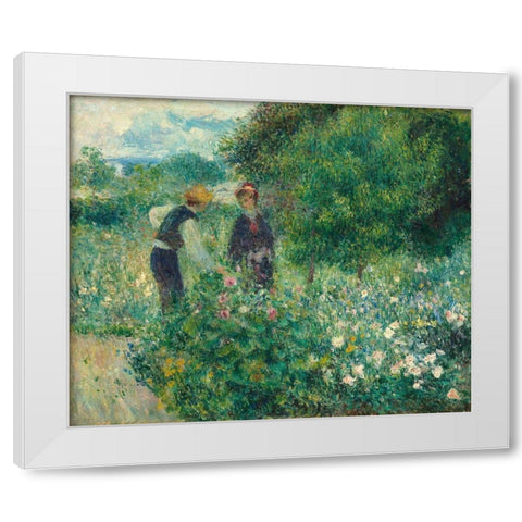 Picking Flowers White Modern Wood Framed Art Print by Renoir, Pierre-Auguste