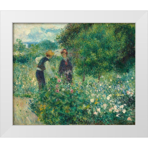 Picking Flowers White Modern Wood Framed Art Print by Renoir, Pierre-Auguste
