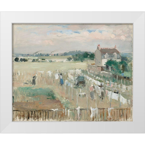 Hanging the Laundry out to Dry, 1875 White Modern Wood Framed Art Print by Morisot, Berthe