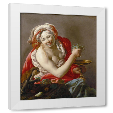Bacchante with an Ape White Modern Wood Framed Art Print by ter Brugghen, Hendrick