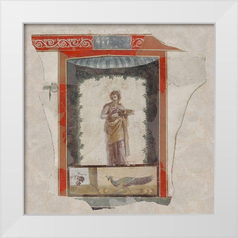 Fresco Depicting a Woman (Maenad) Holding a Dish, Peacock and Fruit Below White Modern Wood Framed Art Print by Unknown 1st Century Roman Artisan