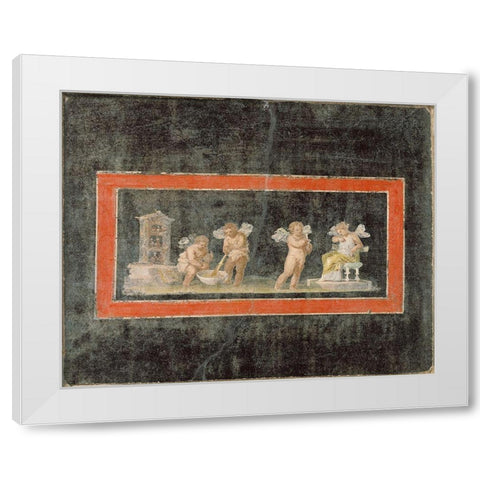 Fresco Fragment with Cupids and Psyche Making Perfume White Modern Wood Framed Art Print by Unknown 1st Century Roman Artisan