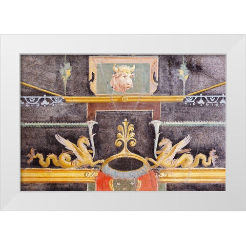 Wall Fragment with Bulls Head and Winged Sea Monsters on Black Ground White Modern Wood Framed Art Print by Unknown 1st Century Roman Artisan