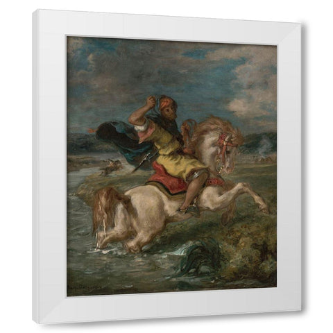 Moroccan Horseman Crossing a Ford White Modern Wood Framed Art Print by Delacroix, Eugene