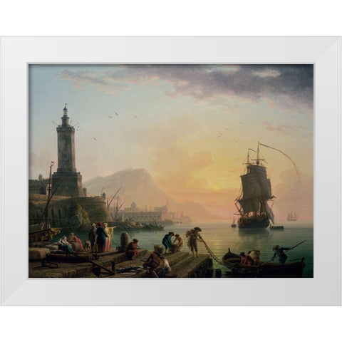 A Calm at a Mediterranean Port White Modern Wood Framed Art Print by Vernet, Claude-Joseph