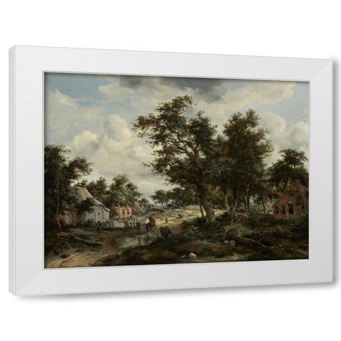 A Wooded Landscape with Travelers on a Path through a Hamlet White Modern Wood Framed Art Print by Hobbema, Meindert