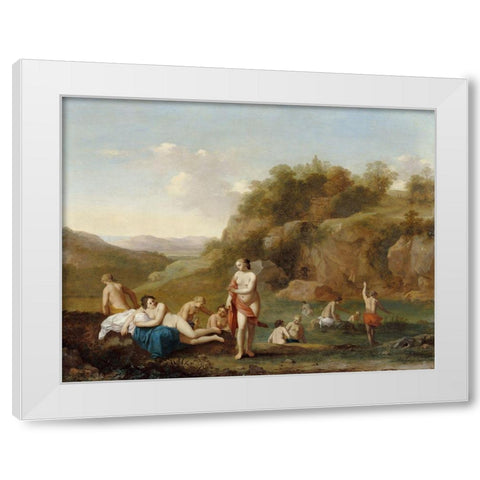 Landscape with Bathing Nudes White Modern Wood Framed Art Print by van Poelenburgh, Cornelis