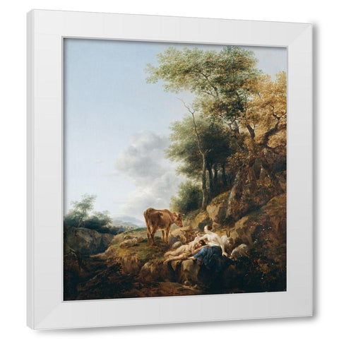 Landscape with a Nymph and a Satyr White Modern Wood Framed Art Print by Berchem, Nicolaes