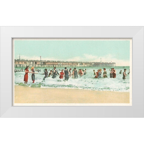 Surf Bathing, Long Beach, Calif., 1898 White Modern Wood Framed Art Print by Detroit Publishing Co.