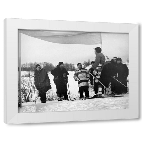 Finish Of Downhill Ski Race - Hanover, New Hampshire, 1936 White Modern Wood Framed Art Print by Rothstein, Arthur