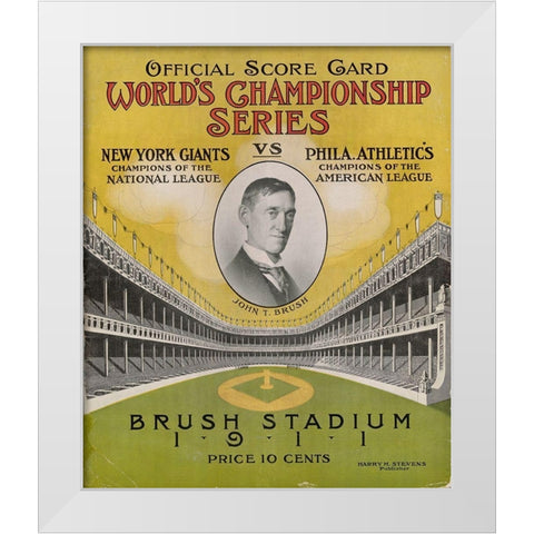 Offical Score Card  Worlds Championship Series -  New York Giants vs Philadelphia Athletics, 1880 White Modern Wood Framed Art Print by Stevens