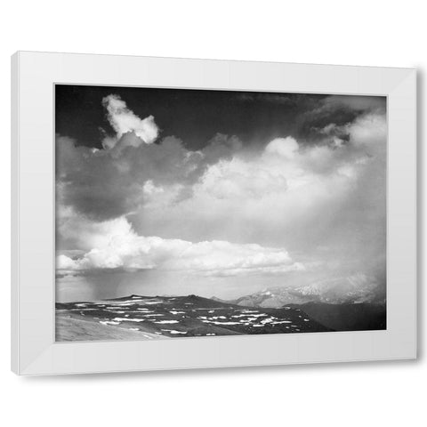 Mountain tops, low horizon, dramatic clouded sky, in Rocky Mountain National Park, Colorado,  ca. 19 White Modern Wood Framed Art Print by Adams, Ansel